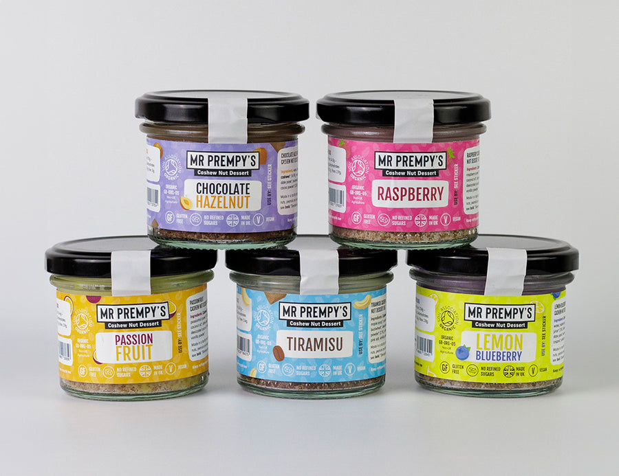 Five flavours of Mr Prempy's vegan cashew dessert pots stacked together