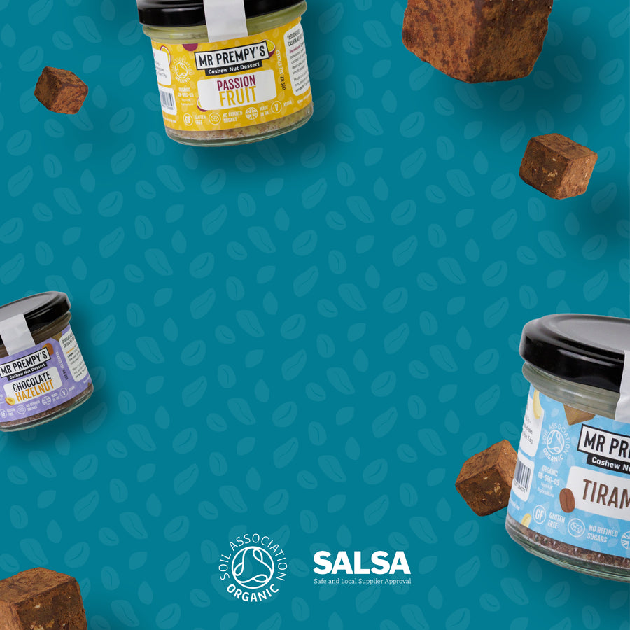Mr Prempy's organic dessert pots with Soil Association and SALSA logos